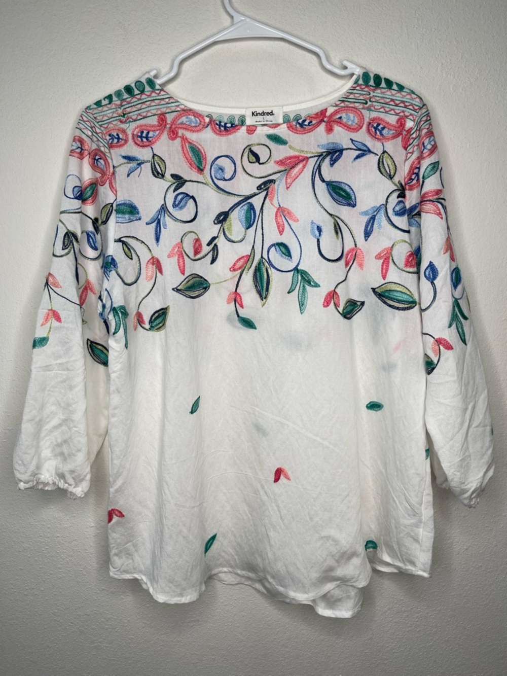 Kindred Women's Embroidered White Floral Top Size Large Cottage Core Boho